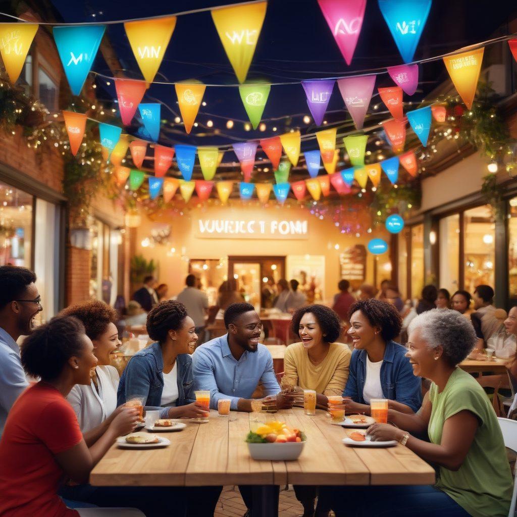 A diverse group of happy members engaging in activities like networking and sharing experiences in a vibrant community space. Icons representing various perks such as discounts, exclusive events, and rewards above them. Soft, warm lighting creates an inviting atmosphere, with colorful banners displaying 'Welcome' and 'Join Us!' in the background. super-realistic. vibrant colors. 3D.