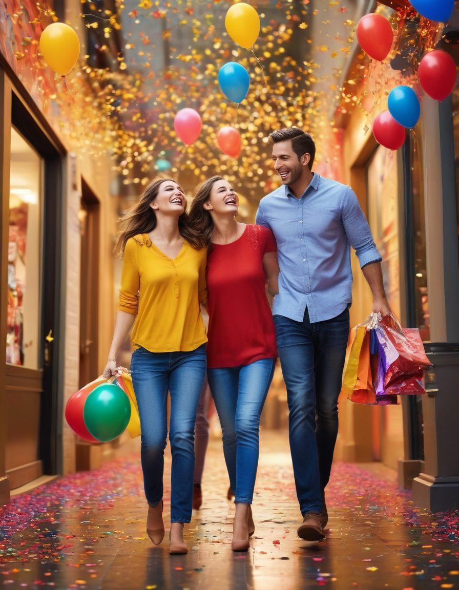 A vibrant scene showing a happy family enjoying shopping with various colorful discount and reward tags floating around them, representing member advantages. Include a joyful atmosphere with confetti and balloons in the background, illustrating excitement. Emphasize the theme of rewards with golden stars and light effects around the discounts. super-realistic. vibrant colors. joyful style.